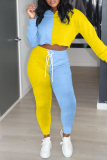 Blue Yellow Fashion Casual Patchwork Basic Turndown Collar Long Sleeve Two Pieces