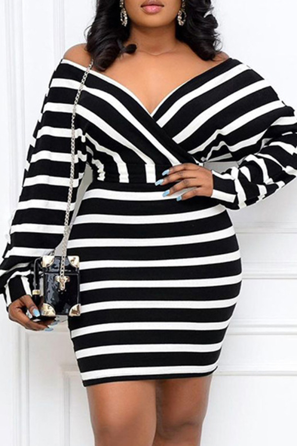 Black And White Fashion Casual Striped Print Basic V Neck Long Sleeve Plus Size Dresses