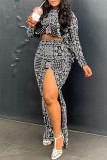 Black Fashion Casual Print Slit O Neck Long Sleeve Two Pieces