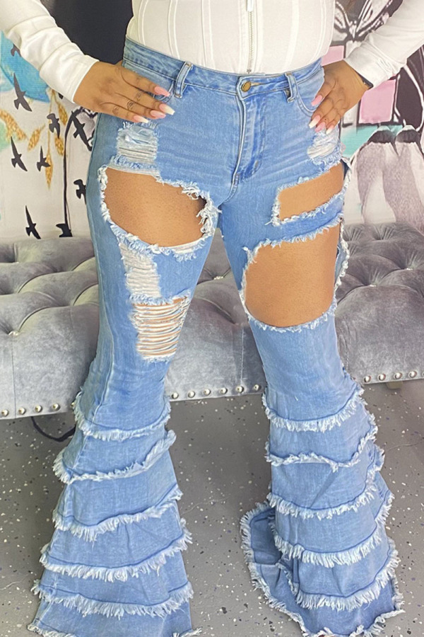 Baby Blue Fashion Street Patchwork Ripped Denim Jeans