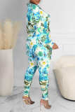 Baby Blue Sexy Print Split Joint Turndown Collar Long Sleeve Two Pieces