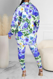 Blue Sexy Print Split Joint Turndown Collar Long Sleeve Two Pieces