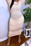 Black Fashion Plus Size Solid Hollowed Out See-through Half A Turtleneck Long Sleeve Dresses