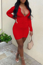 Red Sexy Solid Split Joint Buckle Fold Turndown Collar Pencil Skirt Dresses