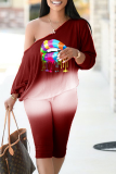 Red Casual Print Split Joint One Shoulder Long Sleeve Two Pieces