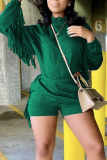 Ink Green Casual Solid Tassel Patchwork Zipper Collar Long Sleeve Two Pieces