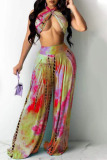 Yellow Red Sexy Print Split Joint Halter Sleeveless Two Pieces