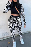 Black Fashion Sexy Print Split Joint O Neck Long Sleeve Two Pieces