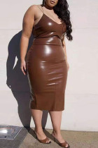 Brown Sexy Plus Size Solid Backless Slit Spaghetti Strap Sleeveless Dress