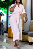Light Pink Fashion Casual Solid Bandage Turndown Collar Plus Size Jumpsuits
