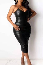 Black Sexy Plus Size Solid Backless Slit Spaghetti Strap Sleeveless Dress