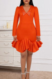 Orange Fashion Sexy Solid Split Joint V Neck Wrapped Skirt Dresses