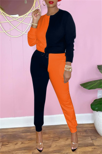 Black Orange Fashion Casual Patchwork Basic O Neck Long Sleeve Two Pieces