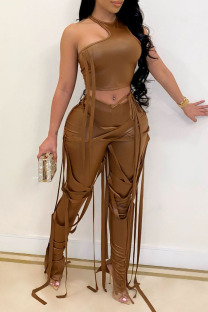 Coffee Fashion Sexy Solid Bandage O Neck Sleeveless Two Pieces