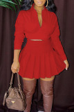 Red Casual Solid Bandage Patchwork Fold V Neck Long Sleeve Two Pieces