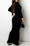 Black Sexy Casual Solid Backless Slit V Neck Long Sleeve Dresses