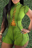 Green Sexy Solid Hollowed Out Half A Turtleneck Plus Size Jumpsuits