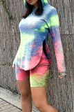 Fluorescent Green Casual Print Split Joint Asymmetrical Hooded Collar Long Sleeve Two Pieces
