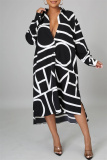 Black Fashion Casual Print Basic Turndown Collar Long Sleeve Shirt Dress