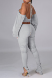 Light Gray Sexy Solid Bandage Backless Fold Turtleneck Long Sleeve Two Pieces