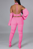 Pink Sexy Solid Bandage Backless Fold Turtleneck Long Sleeve Two Pieces