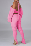 Pink Sexy Solid Bandage Backless Fold Turtleneck Long Sleeve Two Pieces