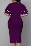 Dark Purple Fashion Street Print Patchwork V Neck One Step Skirt Dresses