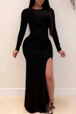 Black Sexy Solid Patchwork High Opening Fold O Neck One Step Skirt Dresses