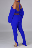 Royal Blue Sexy Solid Bandage Backless Fold Turtleneck Long Sleeve Two Pieces