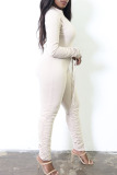 White Casual Solid Patchwork Fold Zipper Collar Skinny Jumpsuits