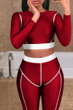 Burgundy Casual Sportswear Patchwork Basic O Neck Long Sleeve Two Pieces