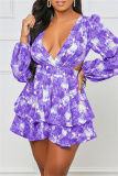 Green Fashion Casual Print Hollowed Out V Neck Long Sleeve Dresses