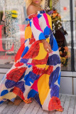 Multicolor Fashion Casual Print With Belt Off the Shoulder Long Sleeve Dresses