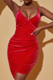 Red Fashion Sexy Solid Backless Asymmetrical V Neck Sling Dress