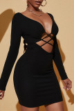 Black Sexy Casual Solid Hollowed Out Backless V Neck Long Sleeve Dresses