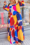 Multicolor Fashion Casual Print With Belt Off the Shoulder Long Sleeve Dresses