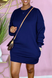 Royal Blue Casual Solid Patchwork O Neck Straight Dresses