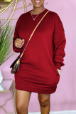 Red Casual Solid Patchwork O Neck Straight Dresses