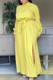 Yellow Casual Solid Patchwork Slit Turtleneck Straight Plus Size Dresses