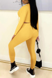 Yellow Casual Solid Patchwork Frenulum Hooded Collar Long Sleeve Two Pieces