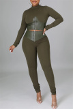 Green Fashion Casual Patchwork Solid Zipper Half A Turtleneck Long Sleeve Two Pieces