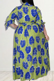 Green Casual Print Split Joint With Belt Turndown Collar Straight Plus Size Dresses