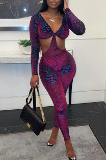 Rose Purple Fashion Sexy Print Hollowed Out V Neck Skinny Jumpsuits