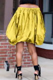 Yellow Casual Print Split Joint Off the Shoulder Lantern Skirt Dresses