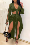 Olive Green Sexy Solid Hollowed Out V Neck Long Sleeve Two Pieces