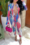Red Sexy Casual Print Bandage Hollowed Out O Neck Jumpsuits