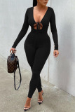Grey Sexy Solid Hollowed Out Split Joint Frenulum V Neck Regular Jumpsuits
