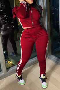 Red Casual Solid Flounce Zipper Collar Long Sleeve Two Pieces