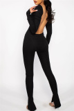 Grey Sexy Casual Solid Backless Slit U Neck Skinny Jumpsuits