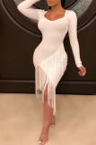 White Sexy Cap Sleeve Long Sleeves V Neck Asymmetrical Mid-Calf tassel Solid Patchwork